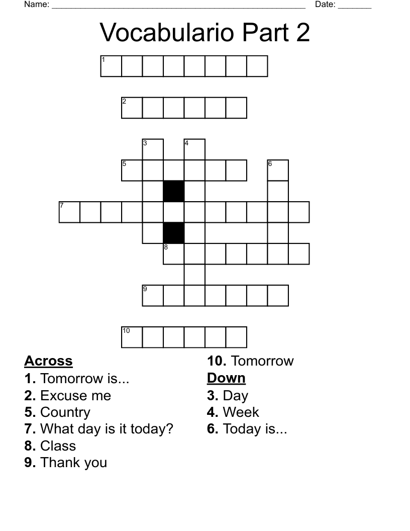 Vocabulario Part 2 Crossword