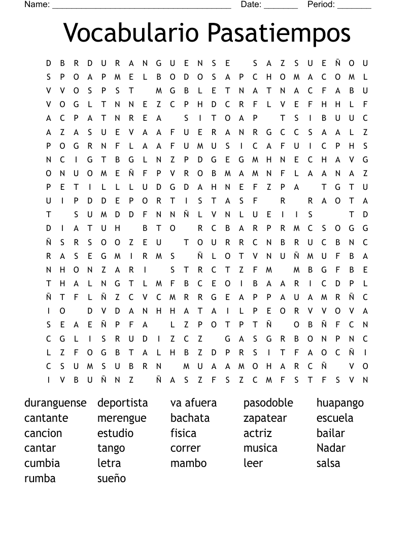Vocabulario Pasatiempos Word Search