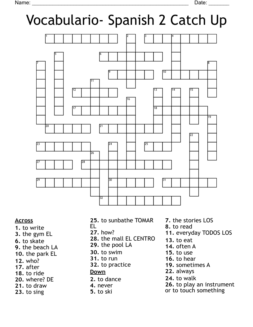 Vocabulario- Spanish 2 Catch Up Crossword