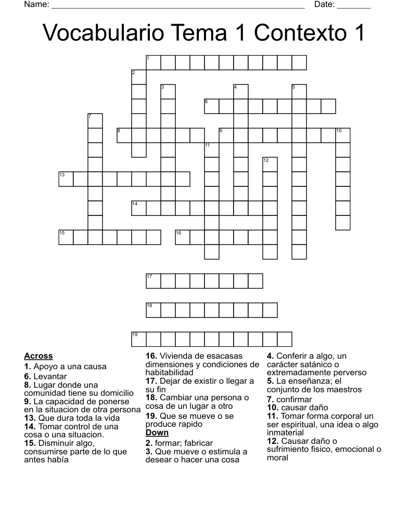 Vocabulario Tema 1 Contexto 1 Crossword