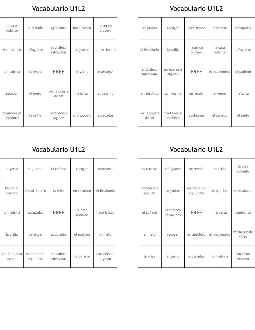 Vocabulario U1L2  Bingo Cards