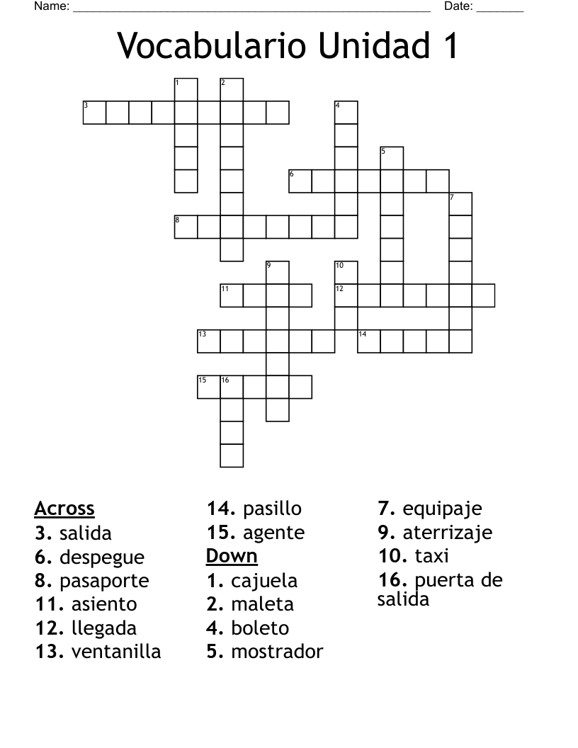 Vocabulario Unidad 1 Crossword
