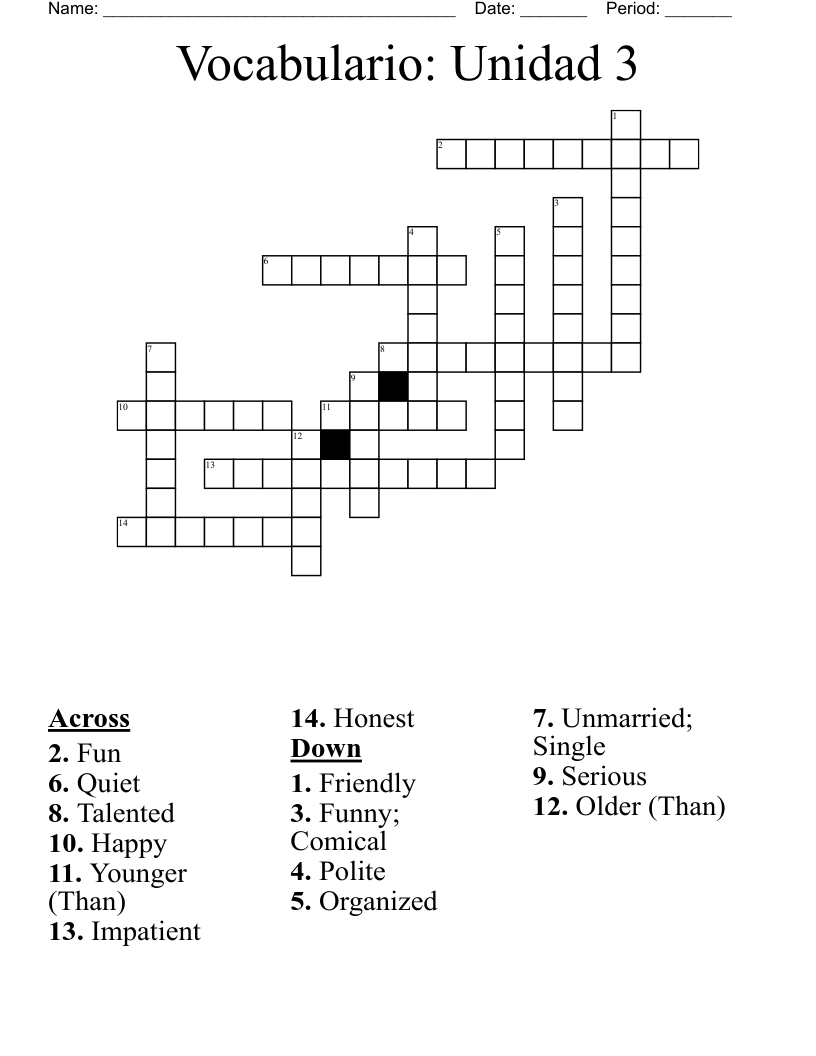 Vocabulario: Unidad 3 Crossword