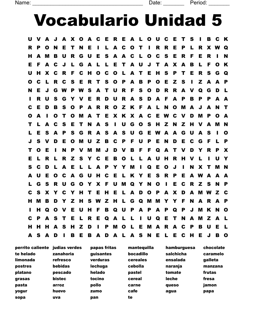 Vocabulario Unidad 5 Word Search