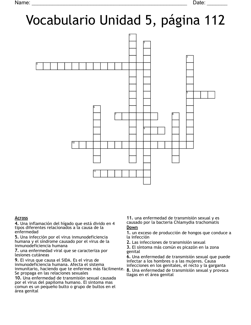 Vocabulario Unidad 5, página 112 Crossword