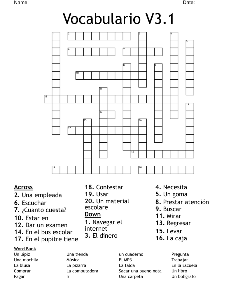 Vocabulario V3.1 Crossword