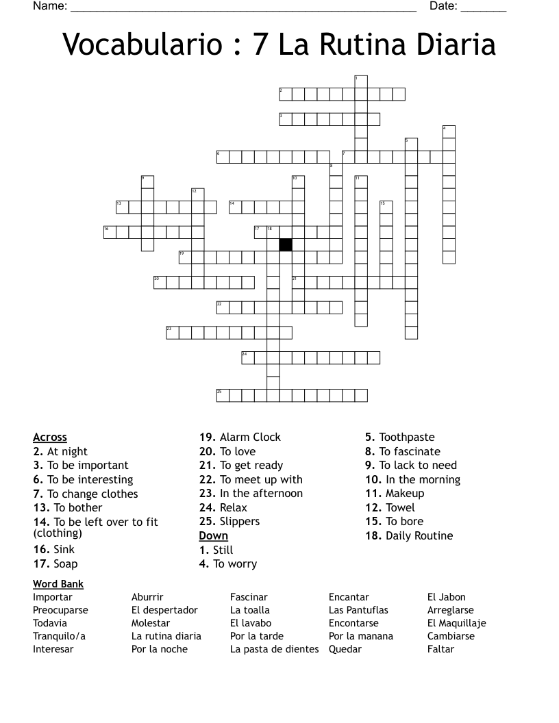 Vocabulario : 7 La Rutina Diaria  Crossword