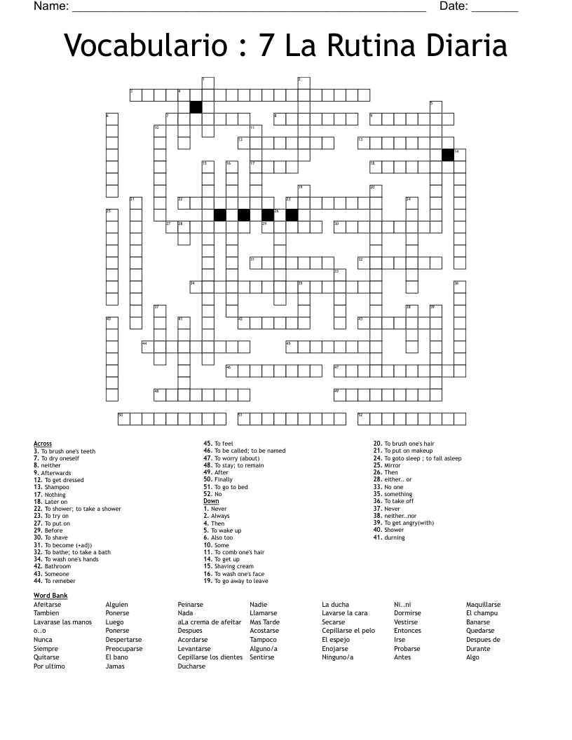 Vocabulario : 7 La Rutina Diaria  Crossword
