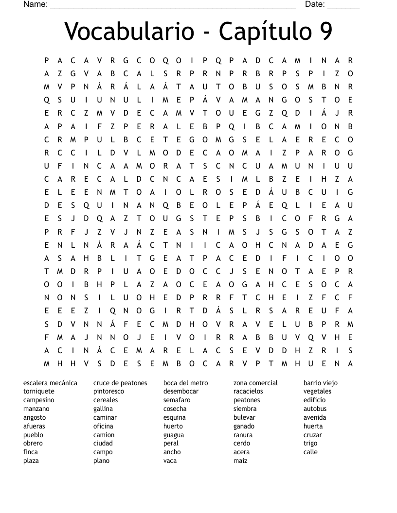 Vocabulario - Capítulo 9 Word Search