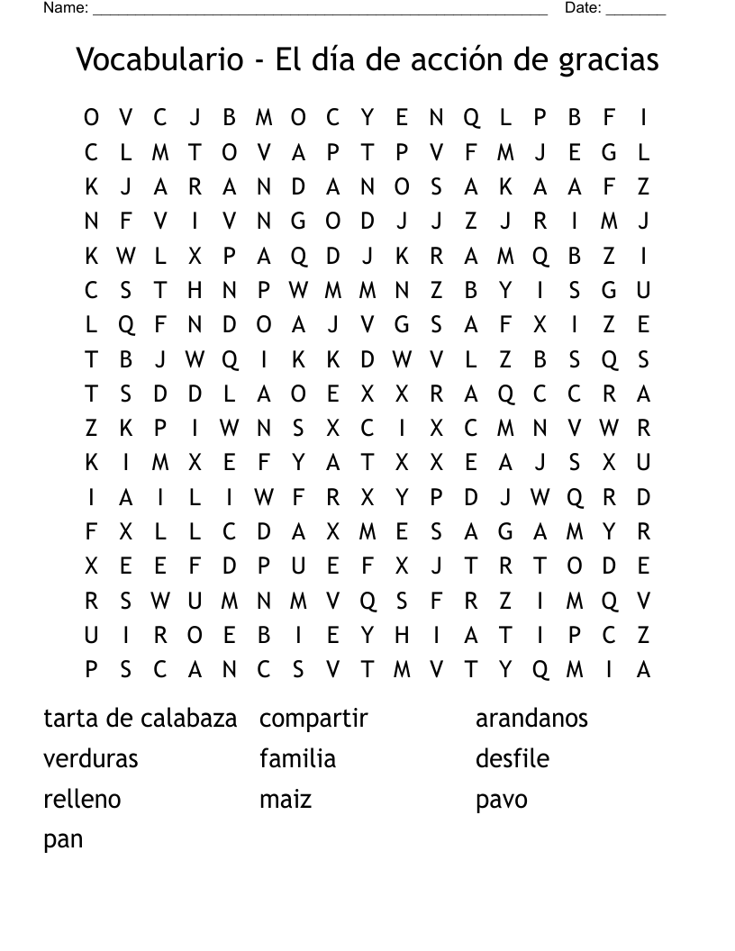 Vocabulario - El día de acción de gracias Word Search