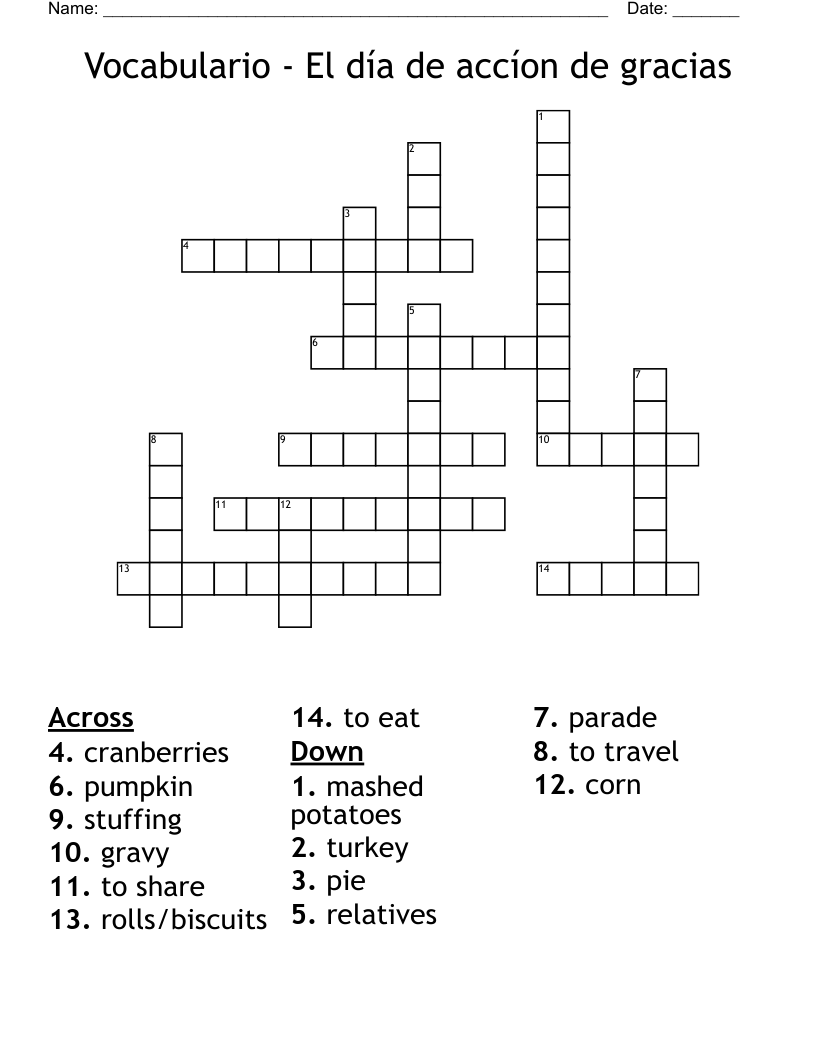 Vocabulario - El día de accíon de gracias Crossword