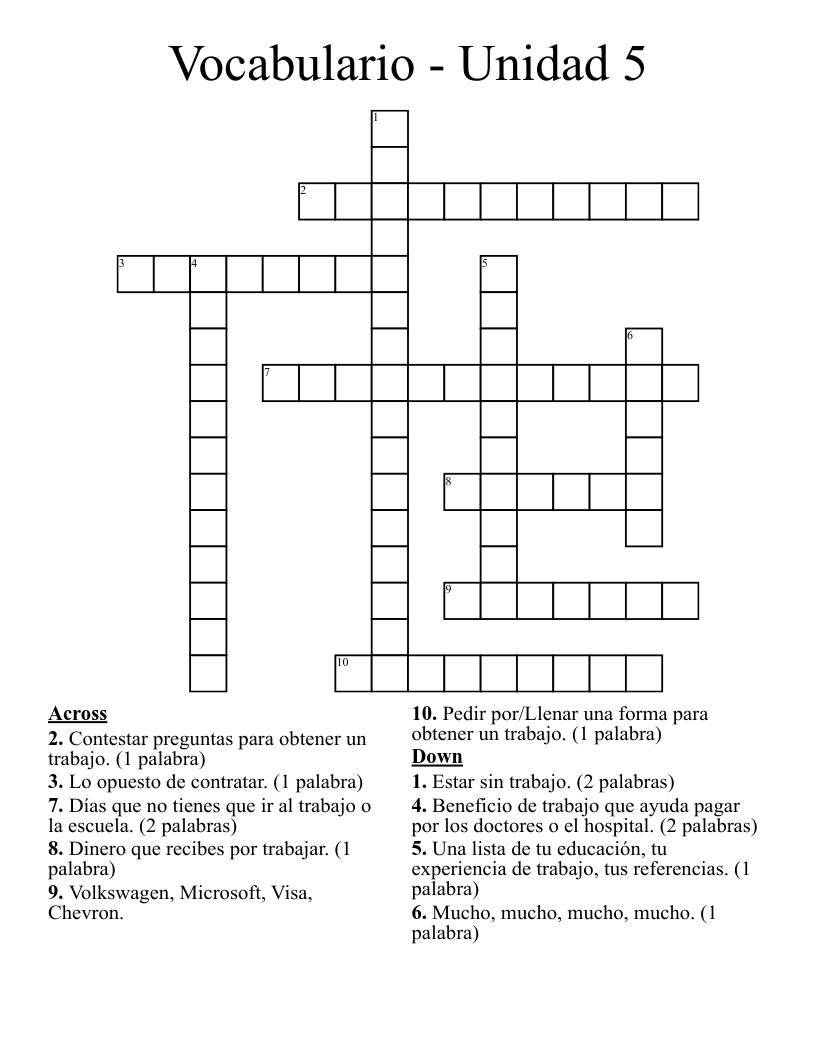 Vocabulario - Unidad 5 Crossword