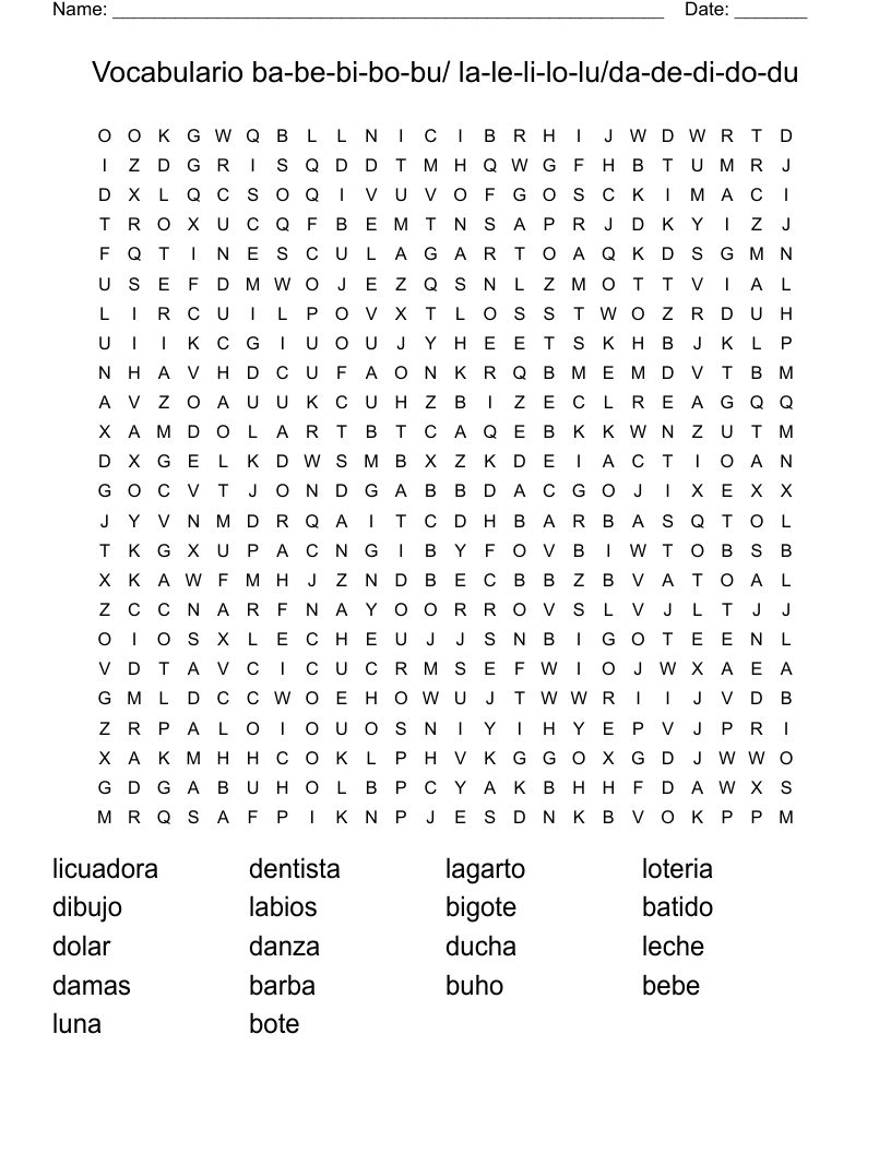 Vocabulario ba-be-bi-bo-bu/ la-le-li-lo-lu/da-de-di-do-du Word Search