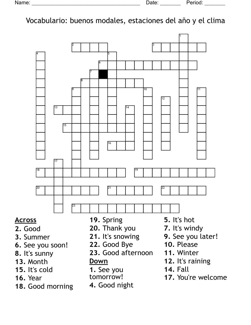 Vocabulario: buenos modales, estaciones del año y el clima Crossword