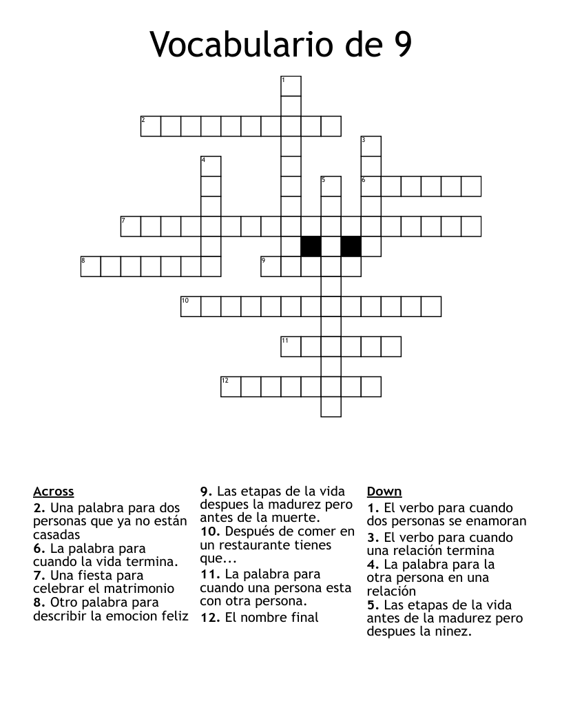 Vocabulario de 9 Crossword