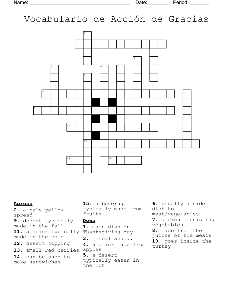 Vocabulario de Acción de Gracias Crossword