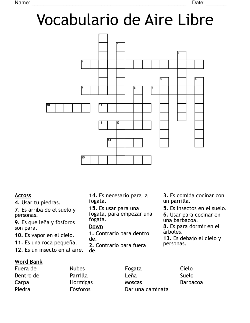 Vocabulario de Aire Libre Crossword