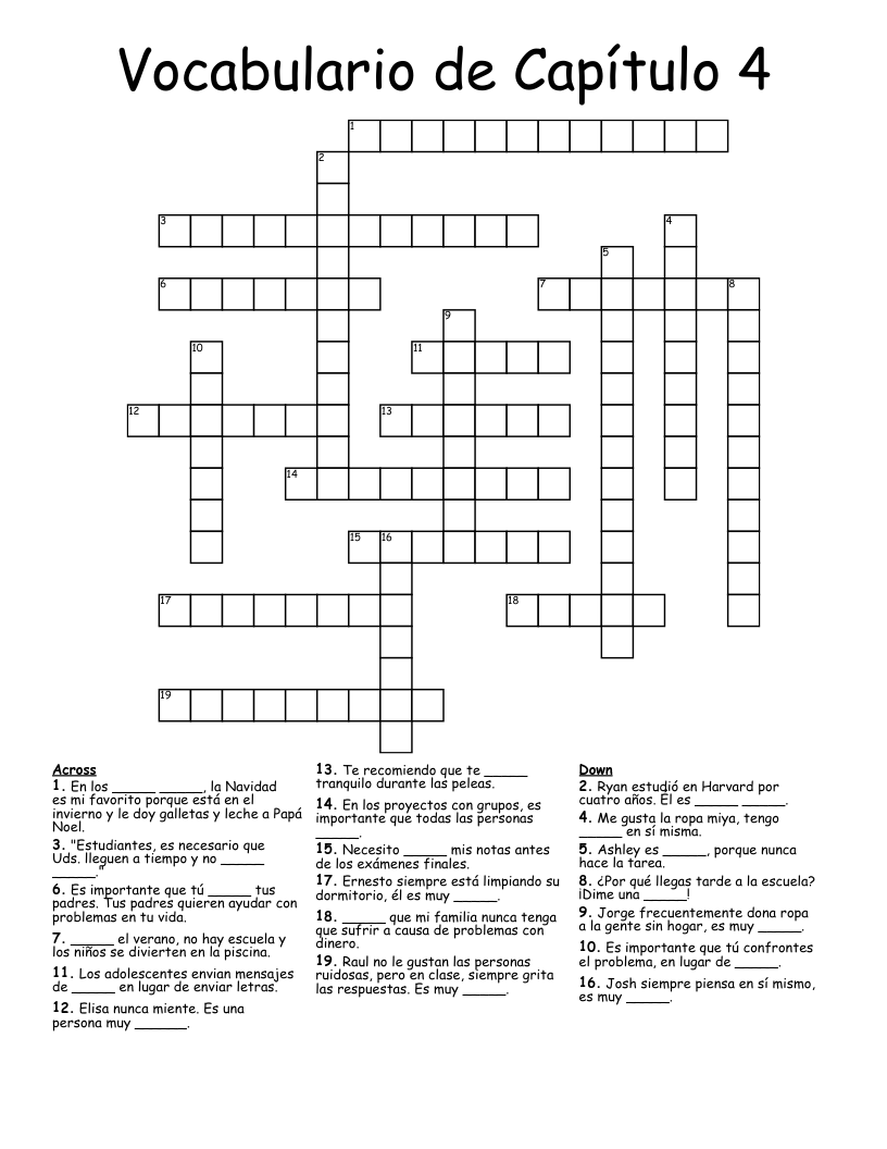 Vocabulario de Capítulo 4 Crossword