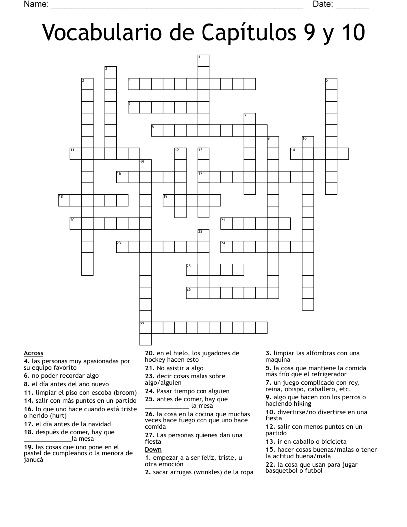 Vocabulario de Capítulos 9 y 10 Crossword