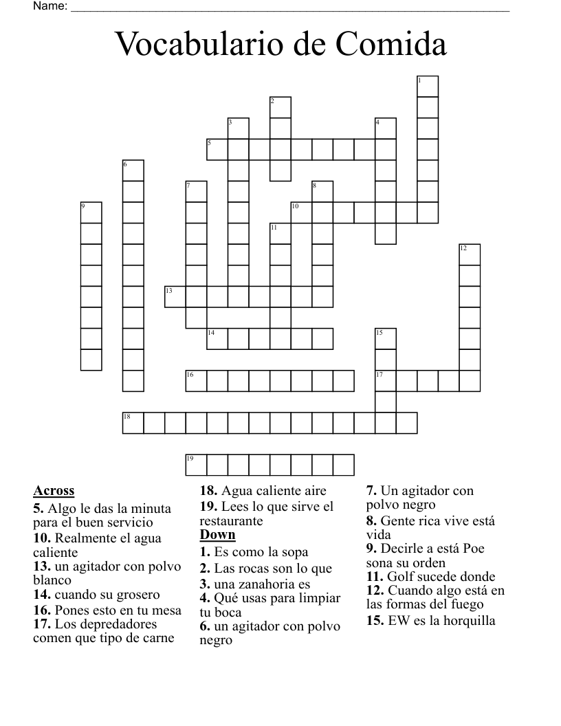 Vocabulario de Comida Crossword