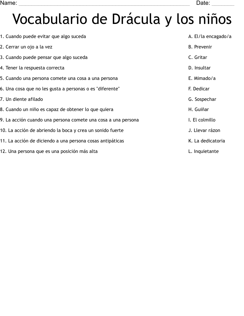 Vocabulario de Drácula y los niños Worksheet