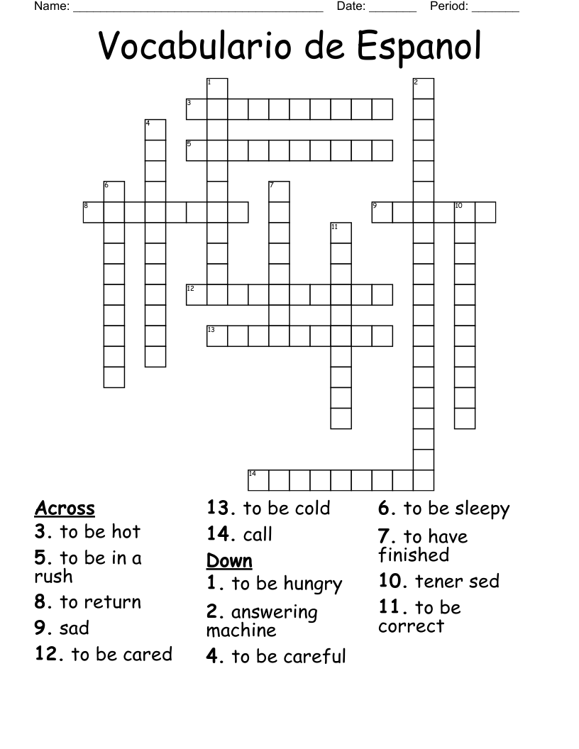 Vocabulario de Espanol Crossword
