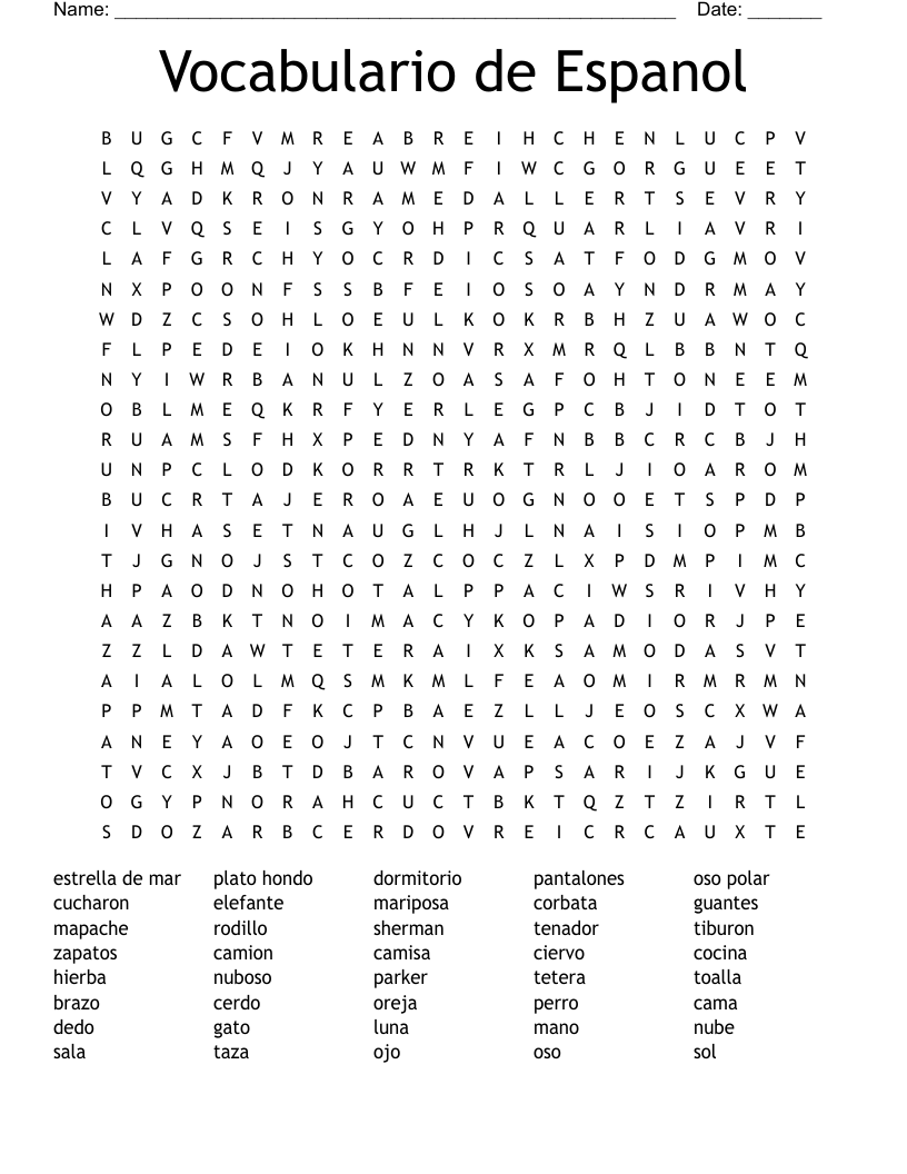 Vocabulario de Espanol Word Search