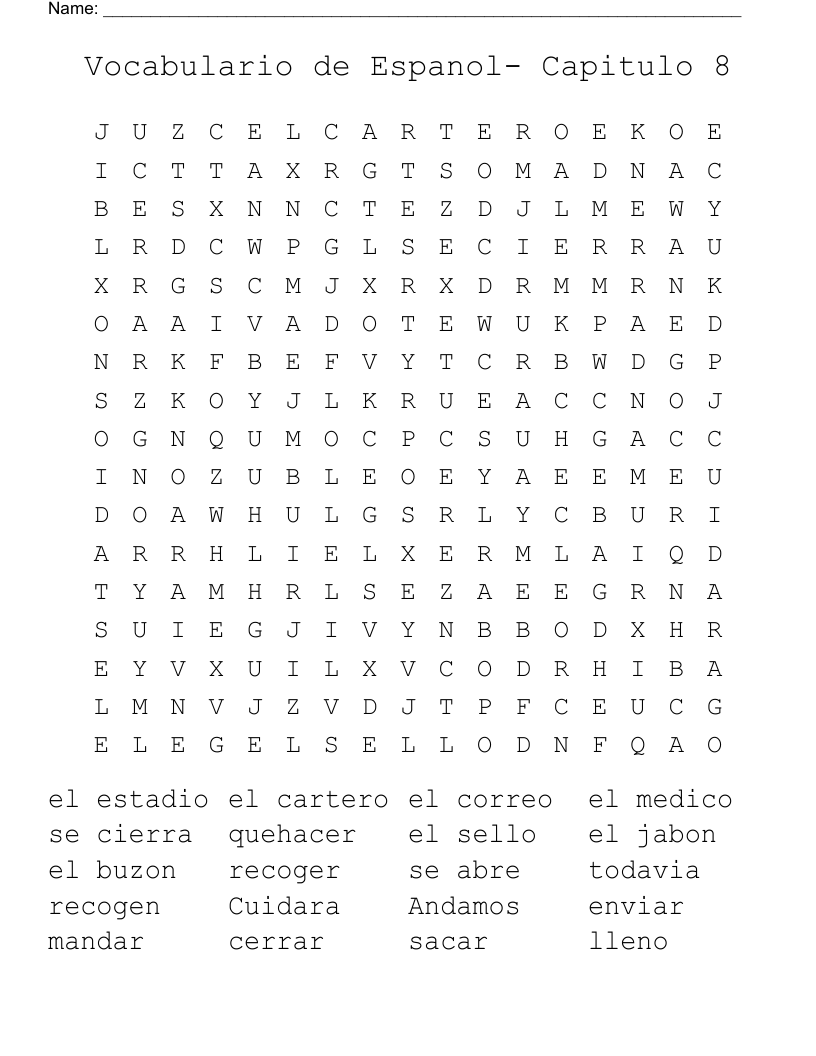 Vocabulario de Espanol- Capitulo 8 Word Search