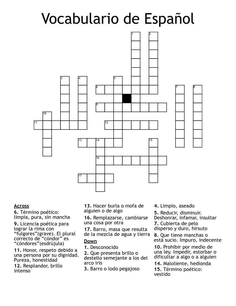 Vocabulario de Español Crossword
