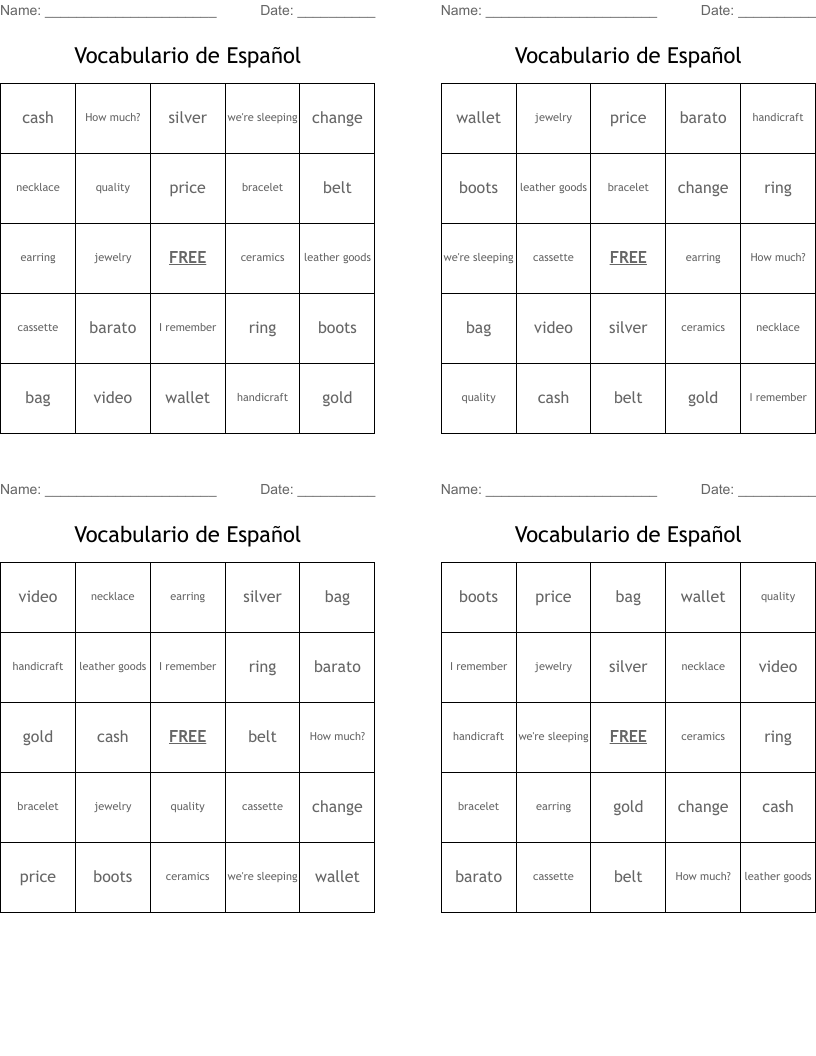 Vocabulario de Español Bingo Cards