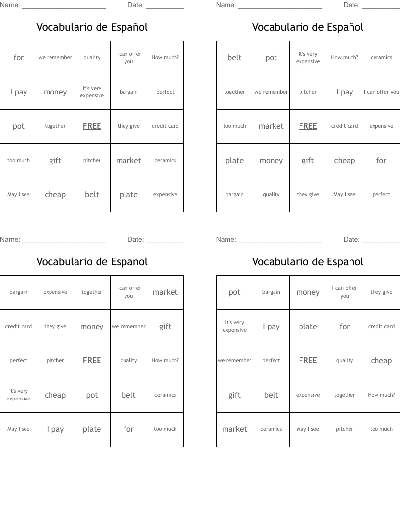 Vocabulario de Español Bingo Cards
