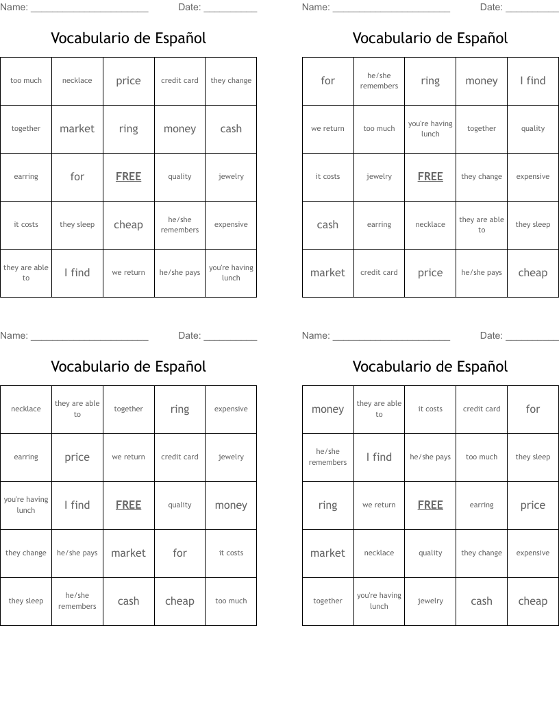 Vocabulario de Español Bingo Cards
