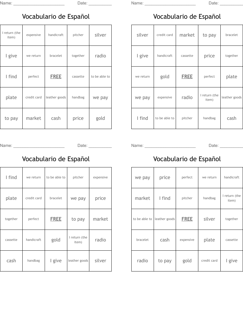 Vocabulario de Español Bingo Cards