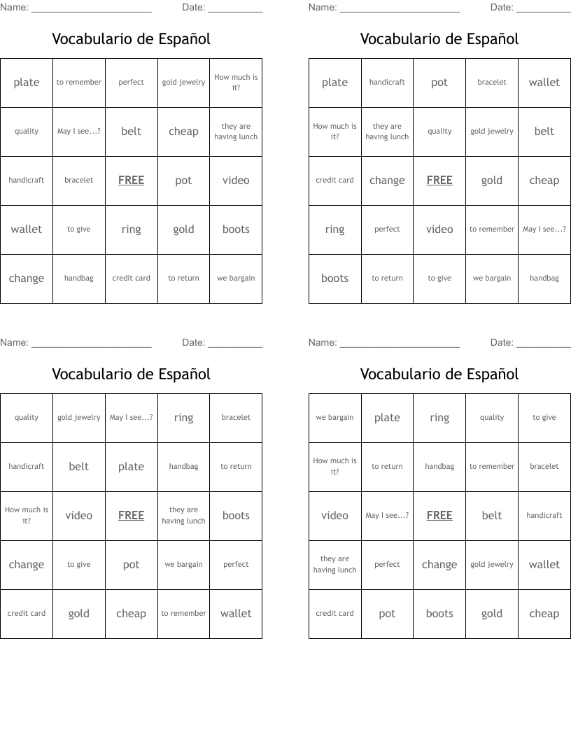 Vocabulario de Español Bingo Cards