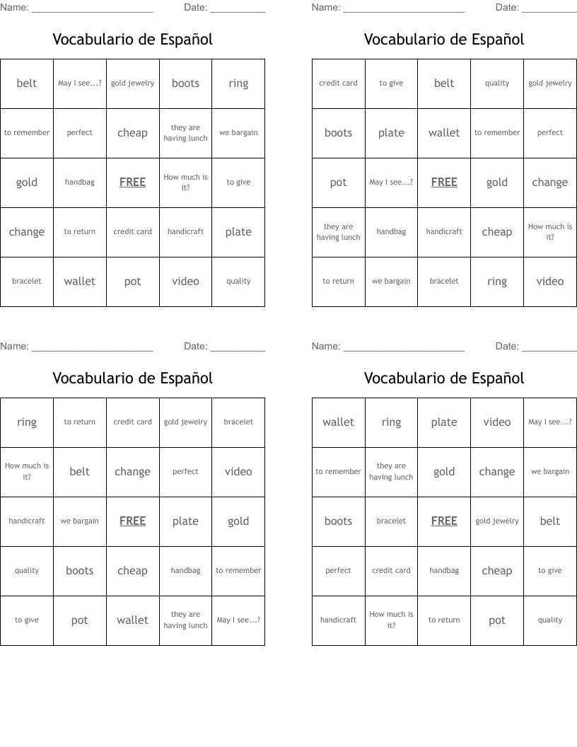 Vocabulario de Español Bingo Cards