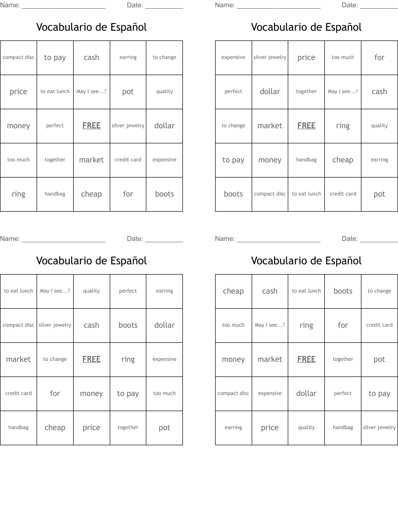 Vocabulario de Español Bingo Cards