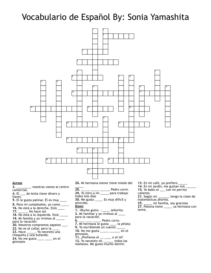 Vocabulario de Español By: Sonia Yamashita Crossword