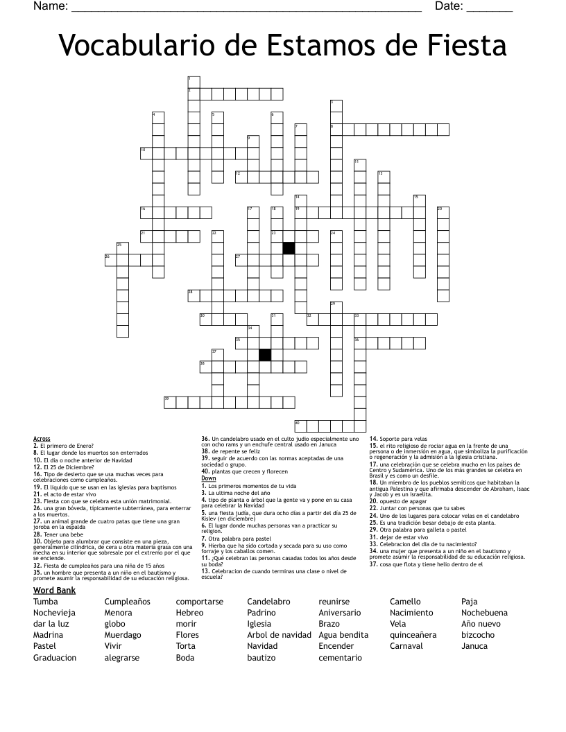 Vocabulario de Estamos de Fiesta Crossword
