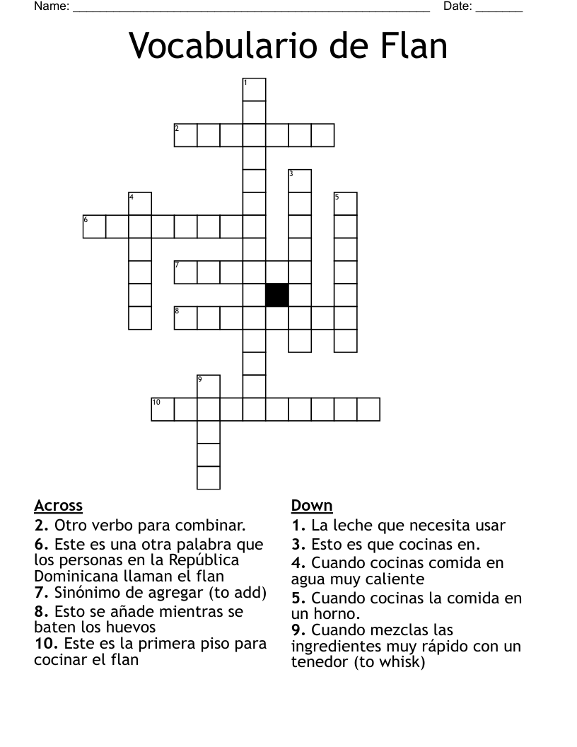Vocabulario de Flan Crossword