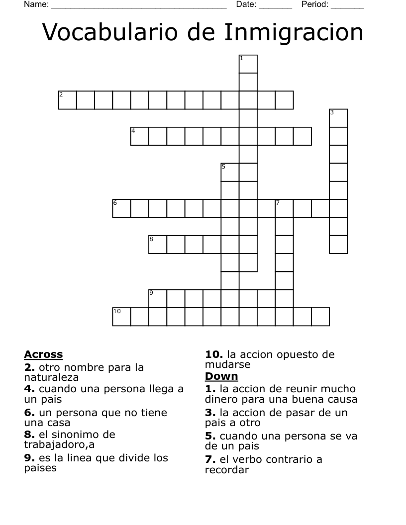 Vocabulario de Inmigracion Crossword