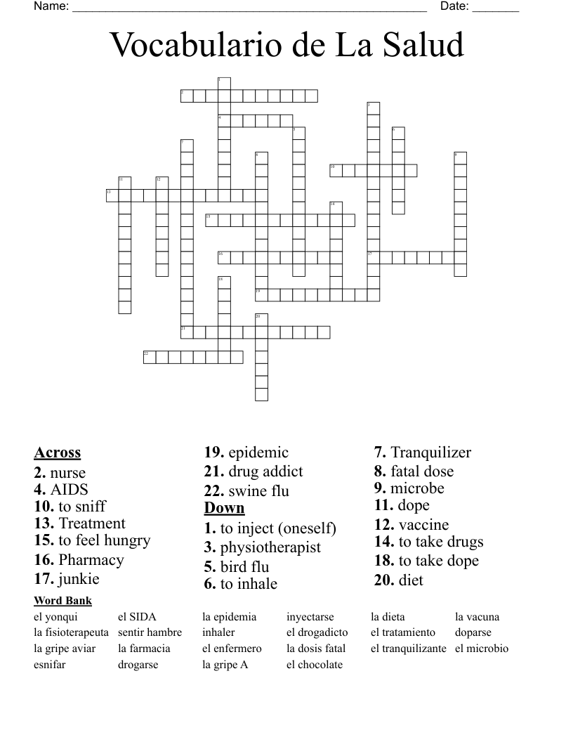 Vocabulario de La Salud Crossword