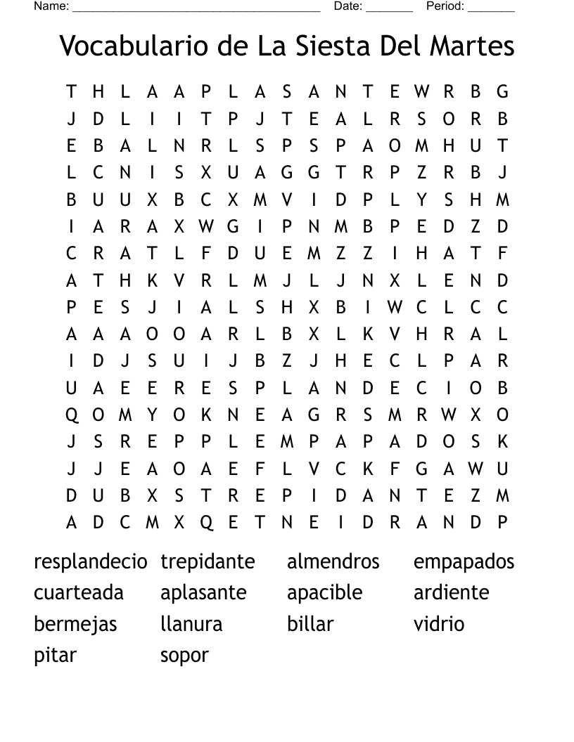 Vocabulario de La Siesta Del Martes Word Search