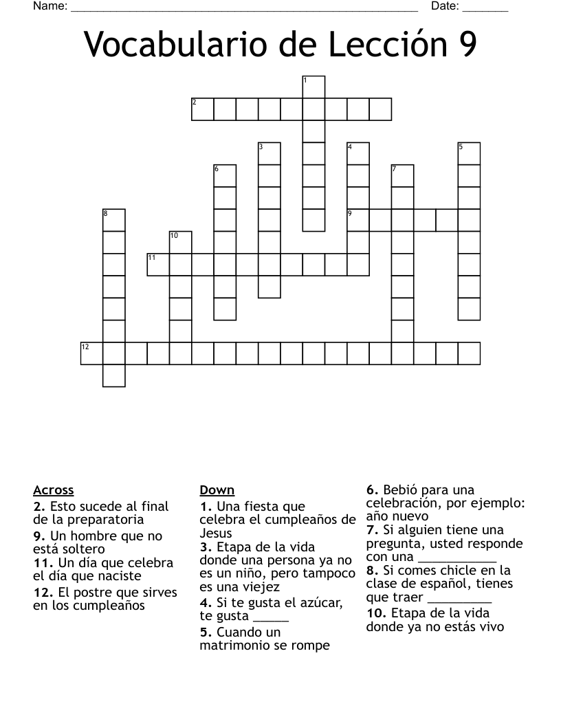 Vocabulario de Lección 9 Crossword
