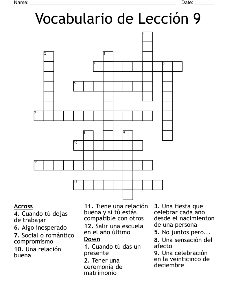 Vocabulario de Lección 9 Crossword