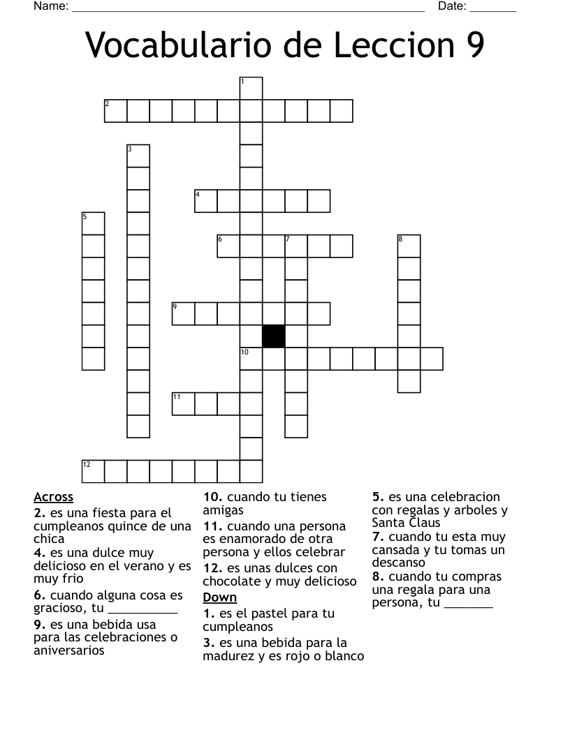 Vocabulario de Leccion 9 Crossword