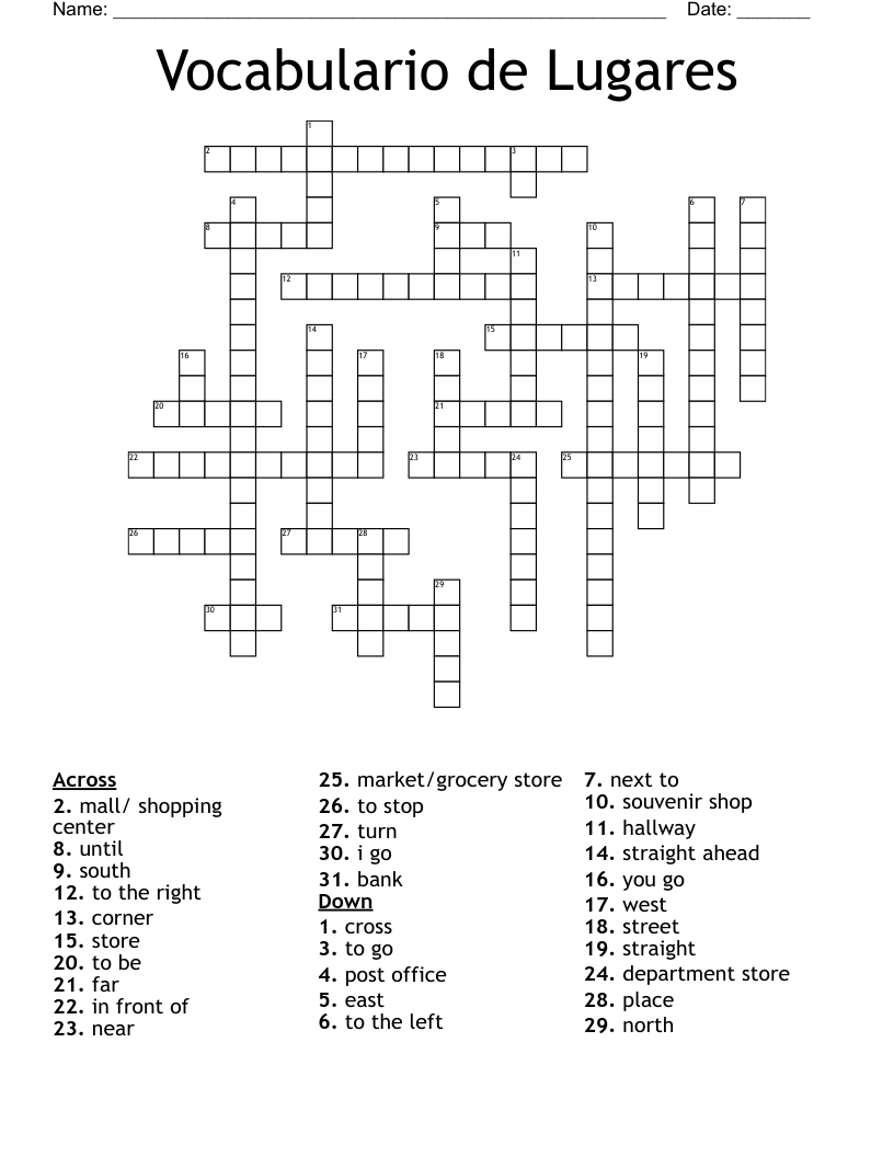 Vocabulario de Lugares Crossword