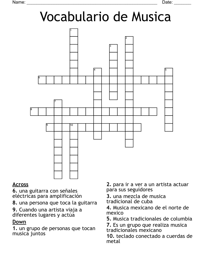 Vocabulario de Musica Crossword