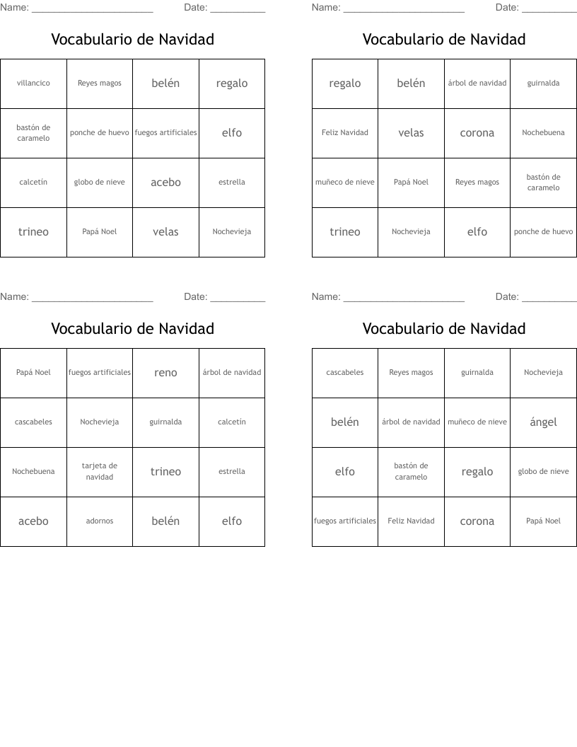 Vocabulario de Navidad Bingo Cards