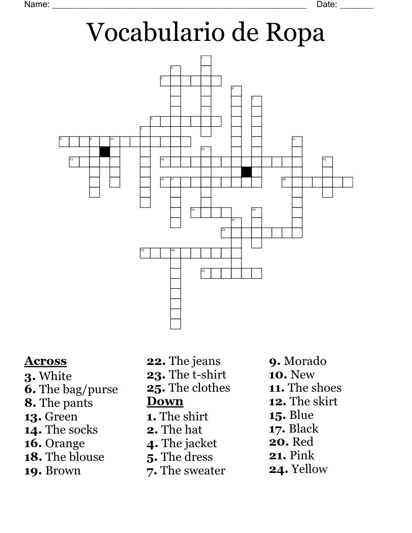 Vocabulario de Ropa  Crossword