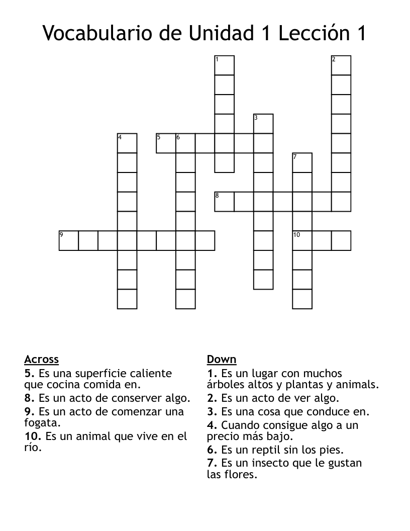 Vocabulario de Unidad 1 Lección 1 Crossword